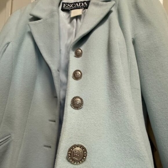 Vintage Escada by Margaretha Ley Fine Wool Coat. Light Sky Blue. Crest Buttons. - Picture 4 of 5